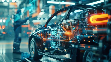 Fototapeta premium Closeup of an autonomous vehicle technician working on a selfdriving cars AI system