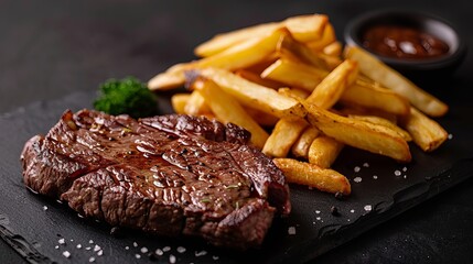 A juicy, slightly pink steak with crispy fries on a stylish black plate against a dark background.