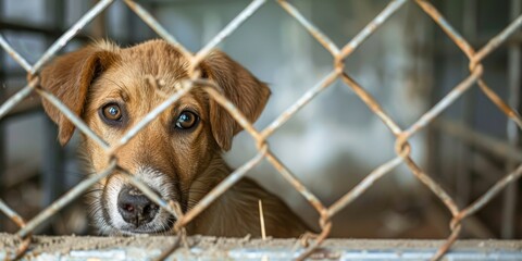 A stray dog looking through a fence with sad eyes