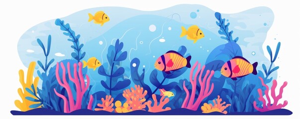 Colorful underwater illustration featuring various fish, coral, and sea plants in a vibrant and lively marine environment.