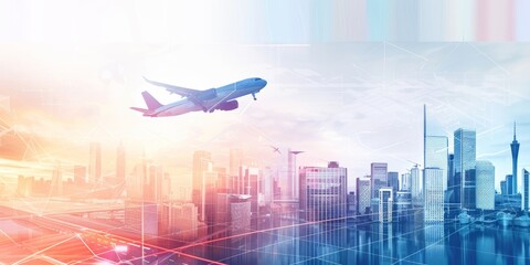 airplane flying over the city