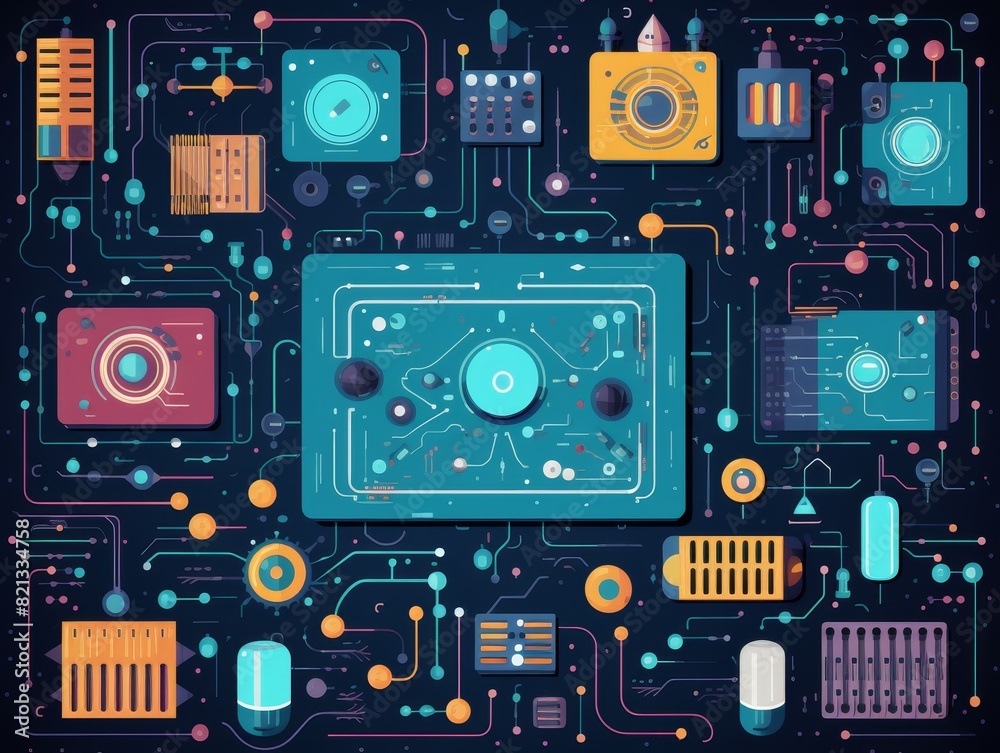 Poster complex circuitry and electronic components on a dark background. futuristic technology and artifici