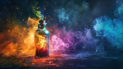 A magic bottle emits colorful smoke that represents wishes and dreams.