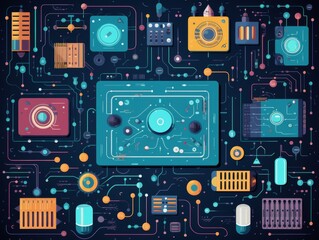 Fototapeta premium Complex circuitry and electronic components on a dark background. Futuristic technology and artificial intelligence concept.