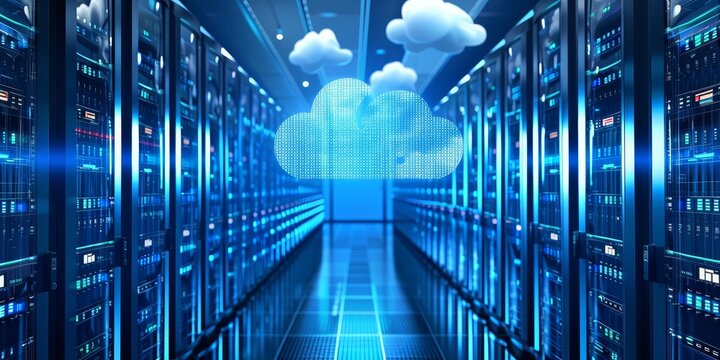 Conceptual image of a cloud computing data center. Rows of server racks with a glowing blue cloud in the center.