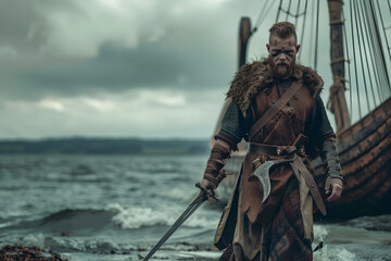 Male Viking Warrior Disembarking from a Long Ship