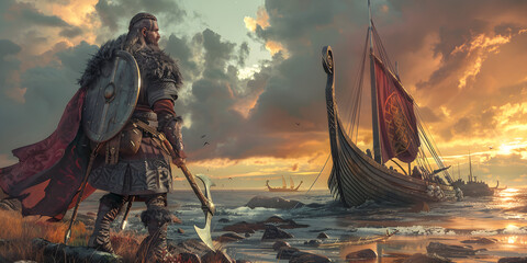 Male Viking Warrior Disembarking from a Long Ship