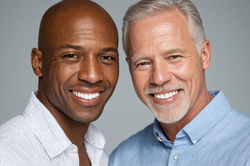 Interracial Senior Gay Couple in Studio Photoshoot Embracing Love and Diversity