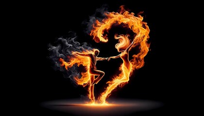 A woman is energetically dancing on a bed of fiery flames in front of a pitch-black background. The flames surround her as she moves gracefully and passionately.