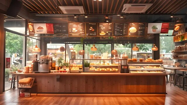 This View of a coffee shop interior featuring a menu displayed on the wall.