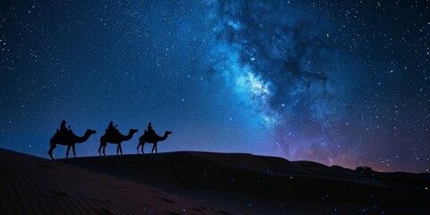 Fototapeta premium Three Wise Men are traveling by camel through the desert at night, following the Star of Bethlehem.