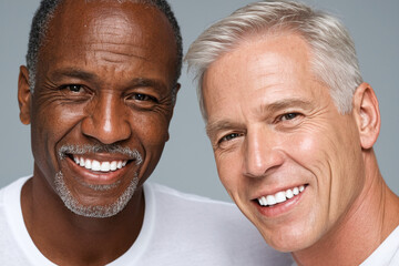 Close-Up of Black and Caucasian Senior Gay Couple in Studio Photoshoot