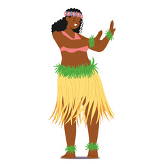 Naklejka premium Hawaiian Female Dancer Character With Floral Headband And Green Grass Skirt Performing The Traditional Hula Dance