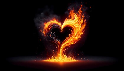 A heart-shaped fire burns brightly against a stark black backdrop, casting a warm glow in the darkness. The flames dance and flicker, forming the perfect heart shape.