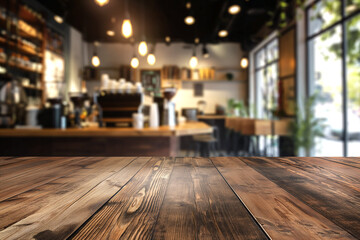 wooden table with abstract blurred background resturant lights used for display montage products mock up design.