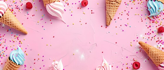 Minimal blank template card for National Ice Cream Day, with cute styles and ice cream cone icons, offering a large copy space on center for text