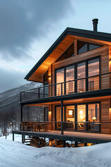 House with a balcony and a deck covered in snow