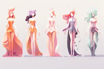 Digital artwork of five elegant women in fantasy costumes in a pastel color scheme, showcasing unique styles and flowing hair.