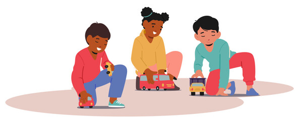 Diverse Children Characters Happily Playing With Toy Cars On A Floor Mat In A Kindergarten, Vector Illustration