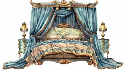 Set of water color of a luxurious bed, with a canopy and silk sheets, in an opulent palace chamber, Clipart isolated on white