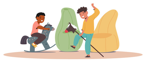 Two Playful Kids Having Fun In Colorful Kindergarten Setting, Riding Wooden Horses And Expressing Joy, Vector