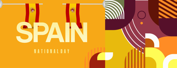 Fototapeta premium Spanish National Day wide banner in colorful modern geometric style. National and Independence Day greeting card with Spain flag. Background celebrating national holiday party