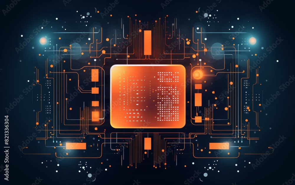 Aufkleber Digital representation of a microchip, showcasing intricate PCB circuits and electronic components over a dark, high-tech background.