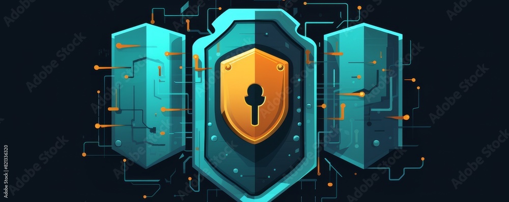 Poster Digital security concept with a shield and key surrounded by technology elements. Represents protection, cybersecurity, and data safety.