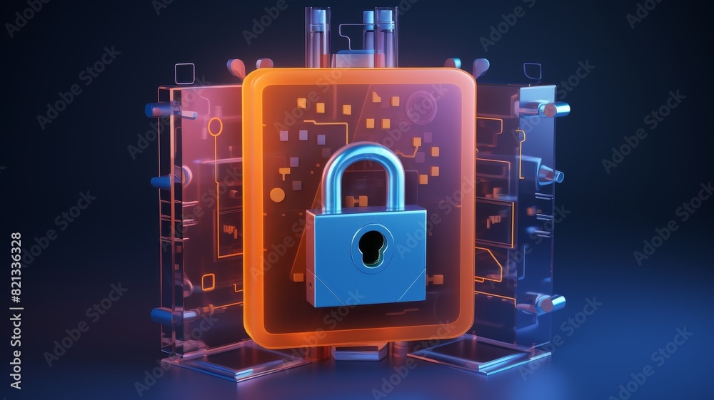 Poster Digital security concept with a glowing padlock symbolizing data protection and cybersecurity on a dark futuristic background.