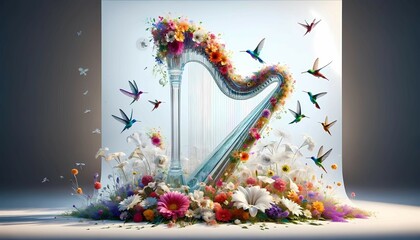 A harp is positioned in the center of the scene, surrounded by vibrant flowers and delicate butterflies fluttering around. The harps strings glisten in the sunlight, while the colorful flowers add a