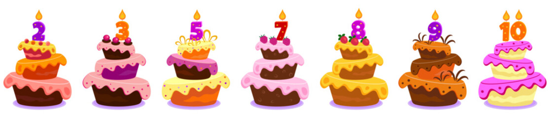 Set of three-tier birthday cakes with numbers burning candles, vector.