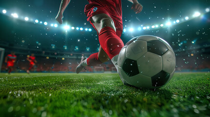 Soccer player kicking the ball on green grass, blurred stadium background