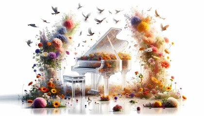 A piano sits in a field of colorful flowers as birds fly around, enhancing the serene atmosphere. The juxtaposition of music and nature creates a harmonious scene.