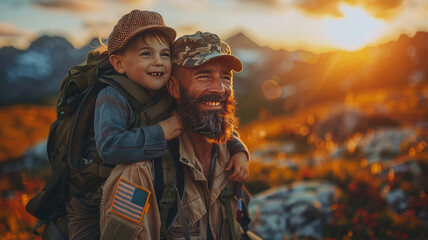 Military man father carrying happy little son with american flag on shoulders and enjoying generative ai