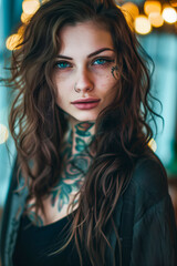 Fototapeta premium A woman with a tattoo on her chest and a black top