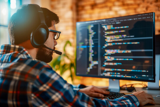 Programmer working at computer with program code on monitor