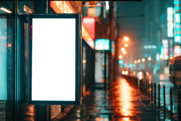 Empty billboard on a rainy city street