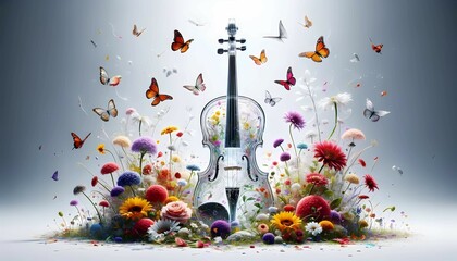 A violin is placed in the center of the scene, surrounded by vibrant flowers of various colors and butterflies fluttering around. The violin is elegantly crafted with a glossy finish, its strings