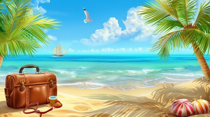 Obraz premium Advertising drawing for summer beach holiday, resort with palm trees, sea, suitcase. Place for text in the middle