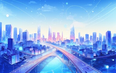 Fototapeta premium Futuristic cityscape with modern skyscrapers and vibrant infrastructure, depicted in a bright, blue-toned digital art style.