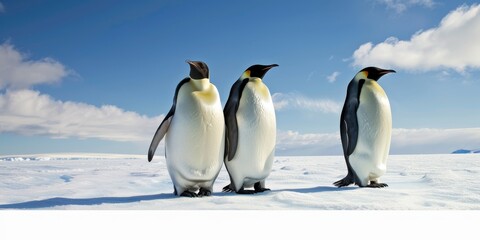 Obraz premium Three emperor penguins on the ice in Antarctica