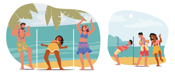 Friends At A Beach Limbo Dance Party. Multicultural Men And Women Laugh And Dance Under A Limbo Stick, Vector