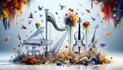 This painting depicts various musical instruments, such as guitars, violins, and trumpets, intertwined with colorful flowers like roses and sunflowers. The instruments are realistically detailed, with