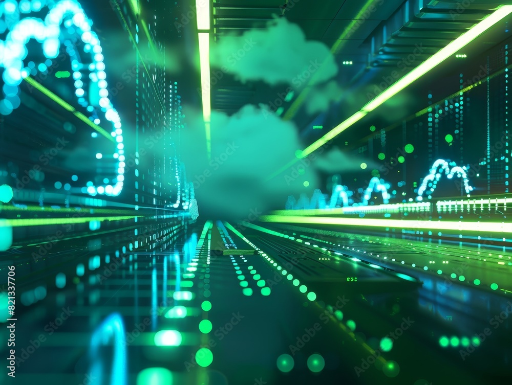 Aufkleber Futuristic data center with glowing graphs, cloud computing, and green lines representing advanced technology and data processing.