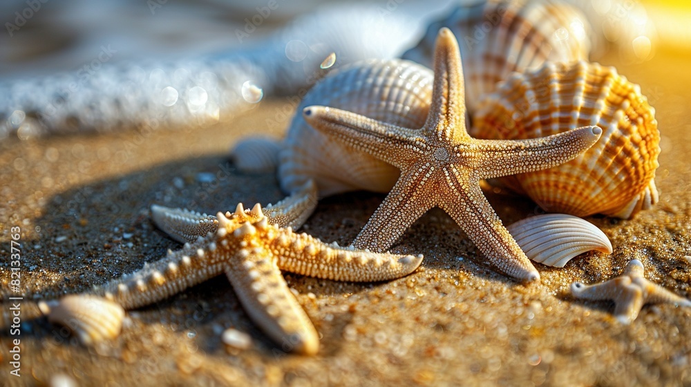 Poster   A cluster of sea stars resting atop a sandy shore near an aquatic expanse during a bright and balmy afternoon