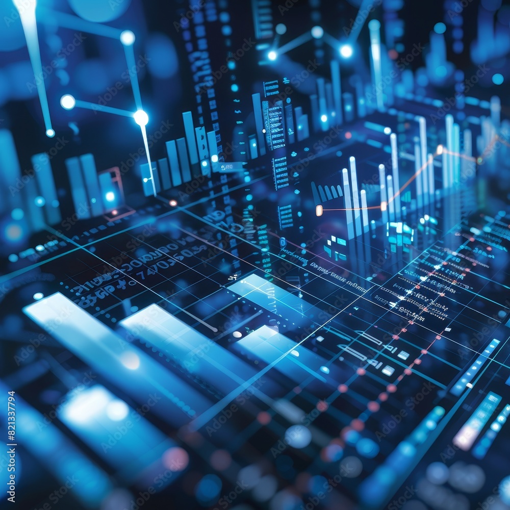 Aufkleber futuristic data visualization with glowing graphs, charts, and digital interface, representing finan