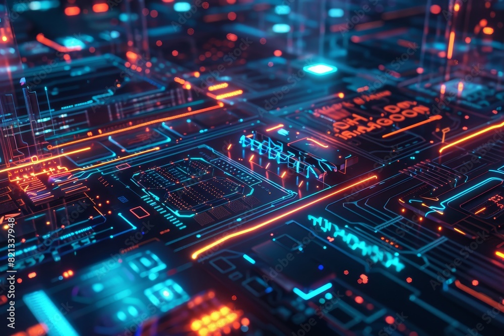 Poster Futuristic digital circuit board with glowing blue and orange lights, representing advanced technology and data processing.