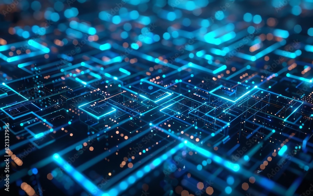 Aufkleber Futuristic digital circuit board with glowing neon blue pathways and particles, representing modern technology and data networks.