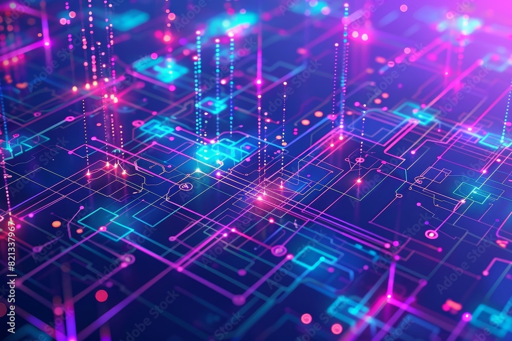 Aufkleber futuristic digital circuit board with glowing neon lights, representing advanced technology, data tr