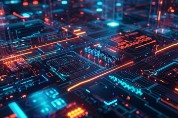 Fototapeta premium Futuristic digital circuit board with glowing blue and orange lights, representing advanced technology and data processing.